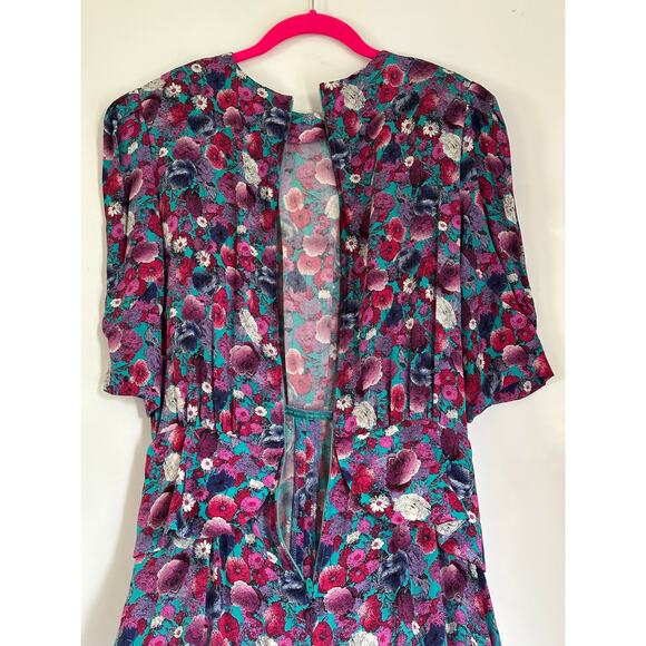 Vintage 1980s Jane Schaffhausen Belle France Prairie Style Teal Floral Dress 10 - Picture 3 of 8
